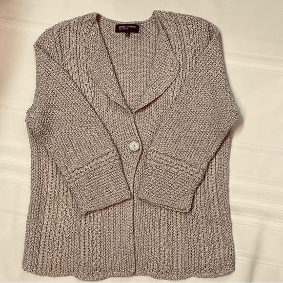 Jones‎ New York Linen Crochet 3/4 Sleeve Cardigan Sz M EUC Cafe Au Lait Color - Picture 2 of 9